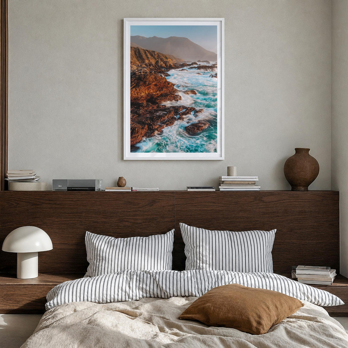 Big Sur no. 3 colorful photo poster of California, USA – vertical wall art in white wood frame with white border, hanging on