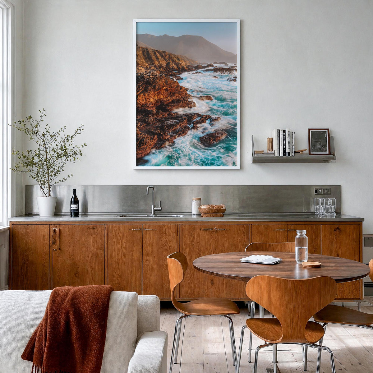 Big Sur no. 3 colorful photo poster of California, USA – vertical wall art in white wood frame, hanging on wall