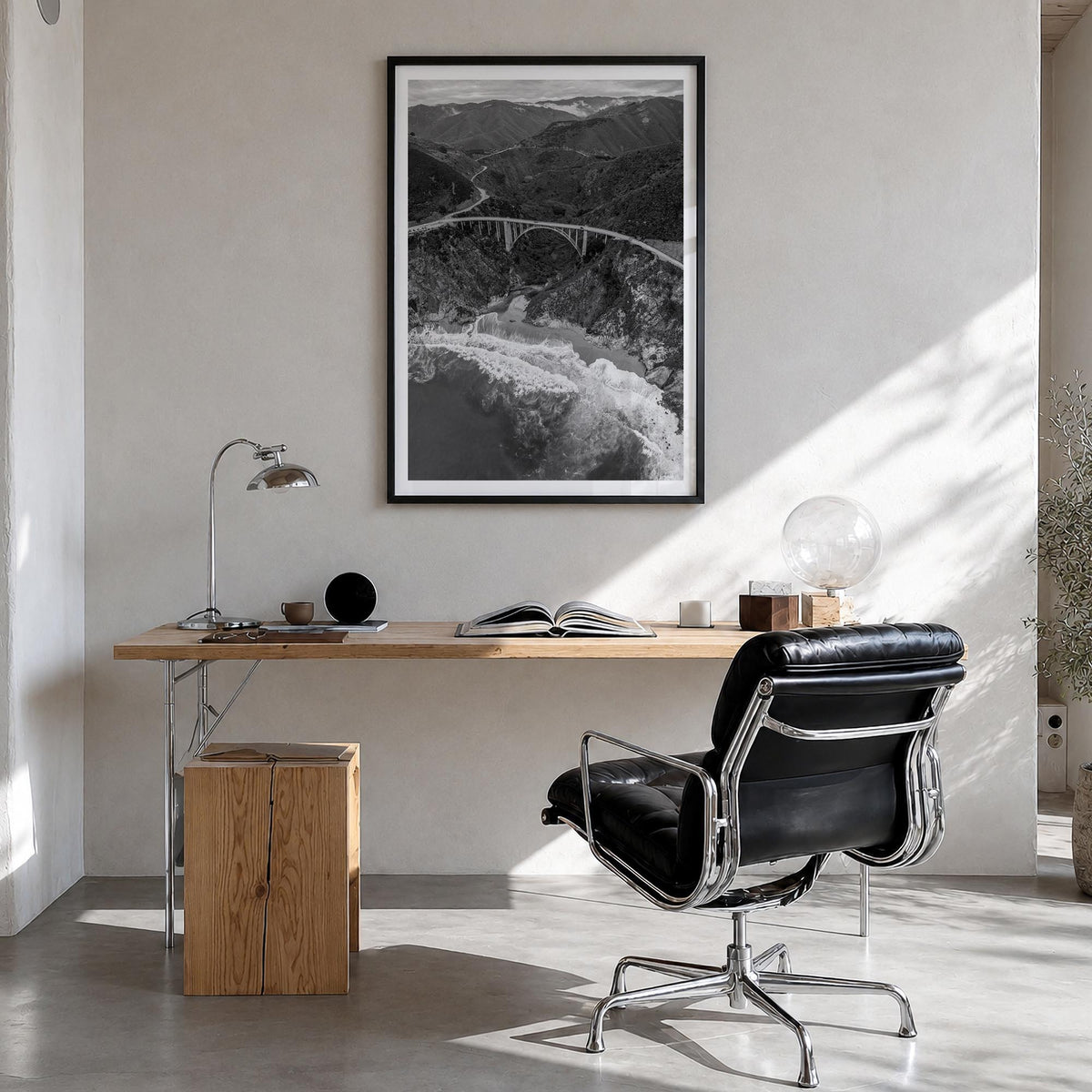 Big Sur no. 4 black & white photo poster of California, USA – vertical wall art in black wood frame with white border, hangin