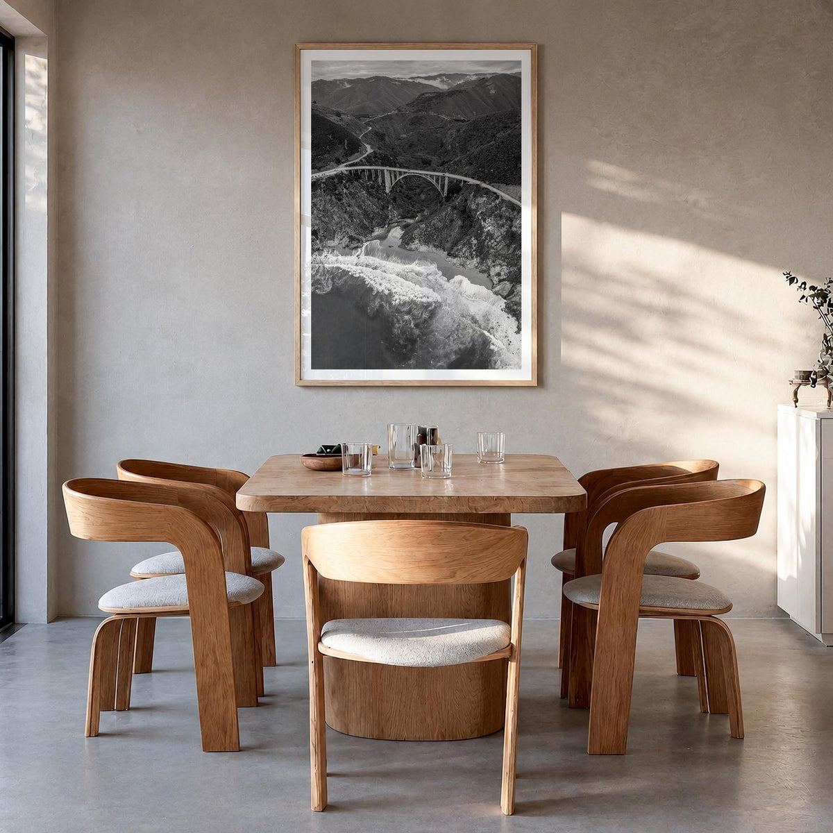 Big Sur no. 4 black & white photo poster of California, USA – vertical wall art in natural wood frame with white border, hang
