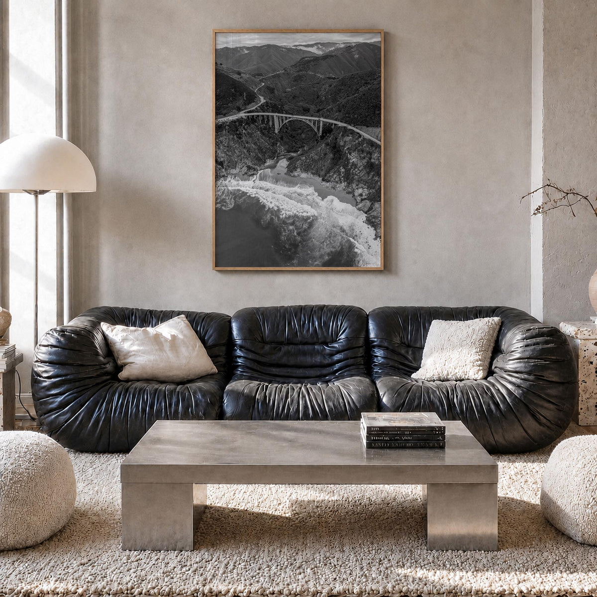 Big Sur no. 4 black & white photo poster of California, USA – vertical wall art in natural wood frame, hanging on wall