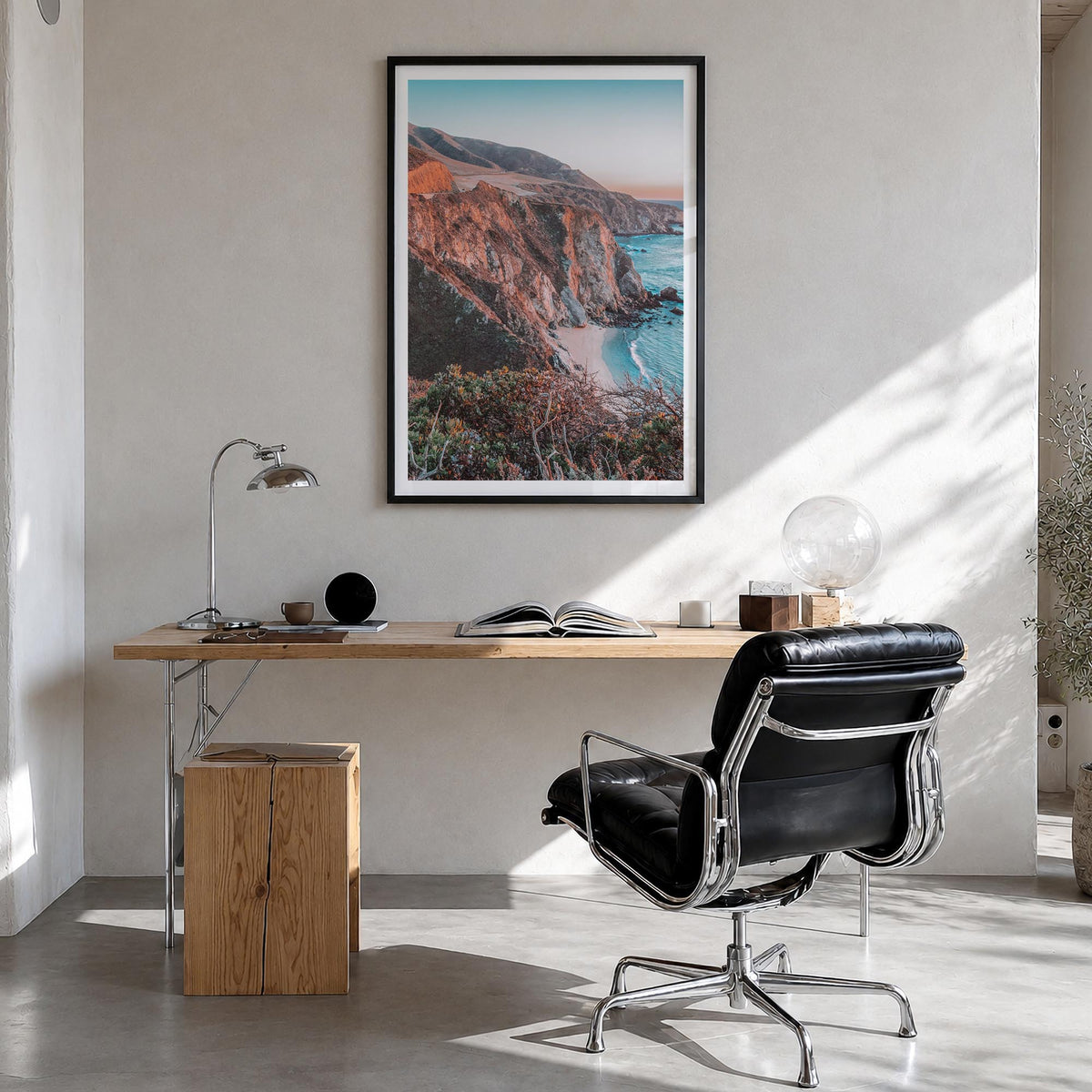 Big Sur no. 4 colorful photo poster of California, USA – vertical wall art in black wood frame with white border, hanging on