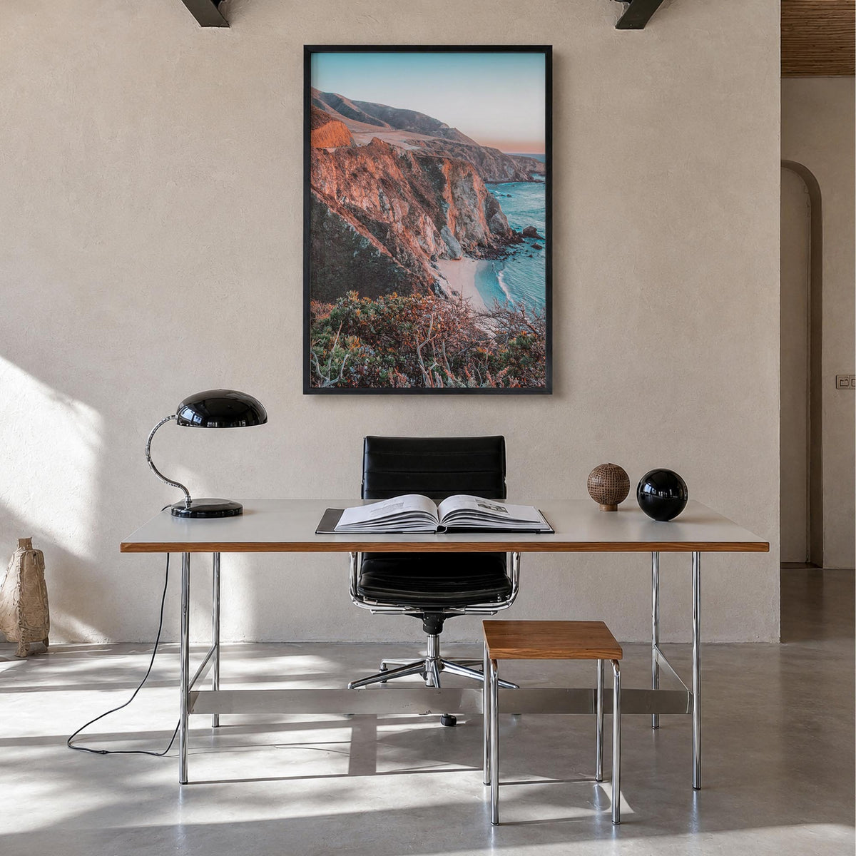 Big Sur no. 4 colorful photo poster of California, USA – vertical wall art in black wood frame, hanging on wall
