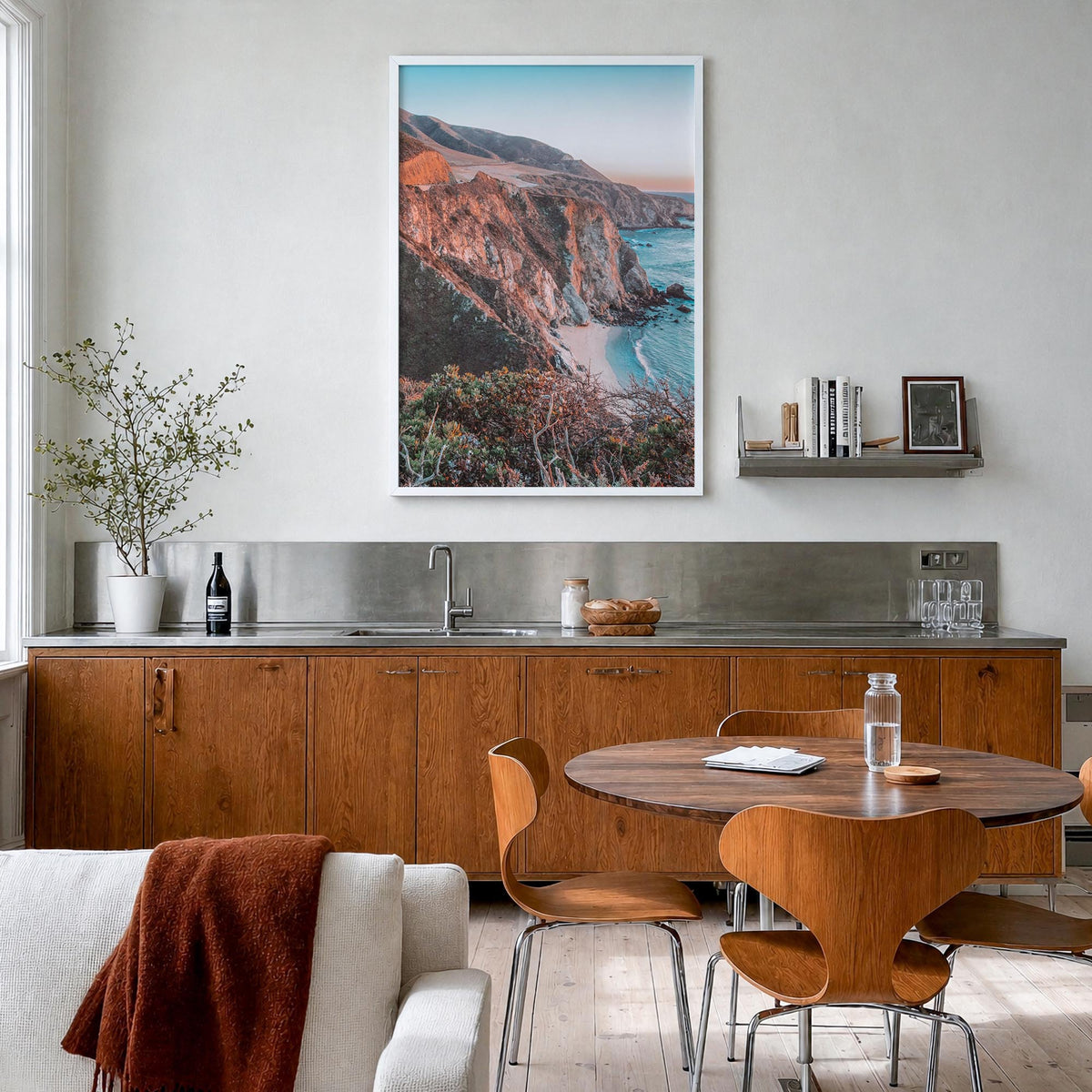 Big Sur no. 4 colorful photo poster of California, USA – vertical wall art in white wood frame, hanging on wall