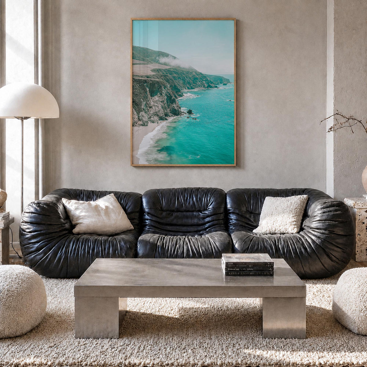 Big Sur no. 5 colorful photo poster of California, USA – vertical wall art in natural wood frame, hanging on wall