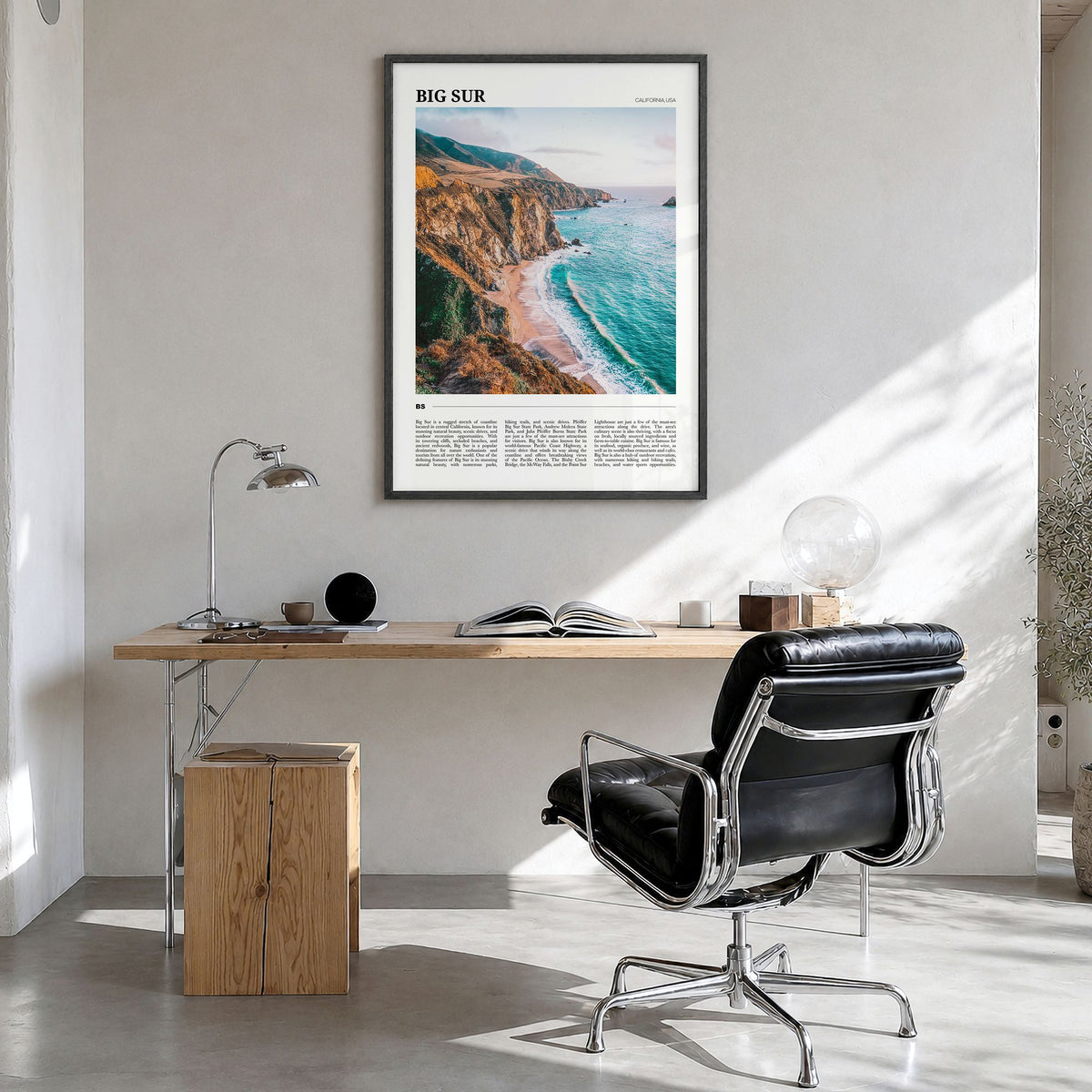 Big Sur Travel No 1 Poster in a black wood frame, hanging in a bright home office