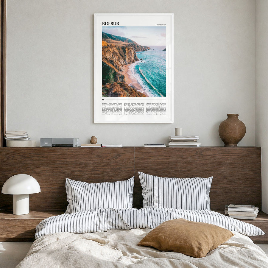 Big Sur Travel No 1 Poster in a white wood frame, hanging in a bedroom