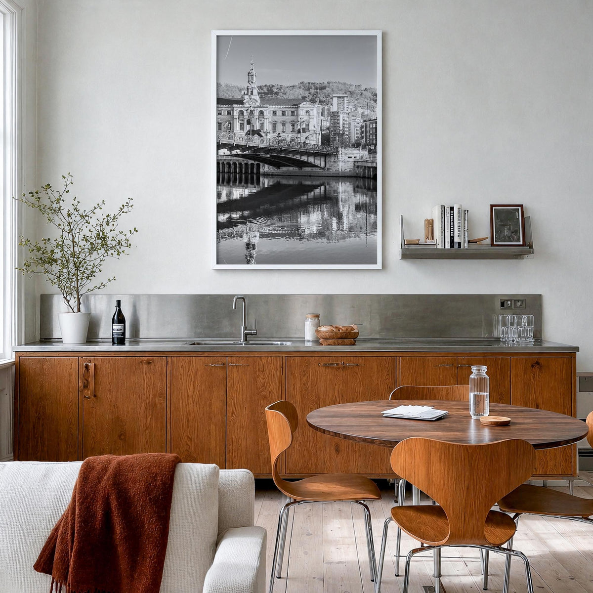 Bilbao black & white photo poster of Spain – vertical wall art in white wood frame, hanging on wall