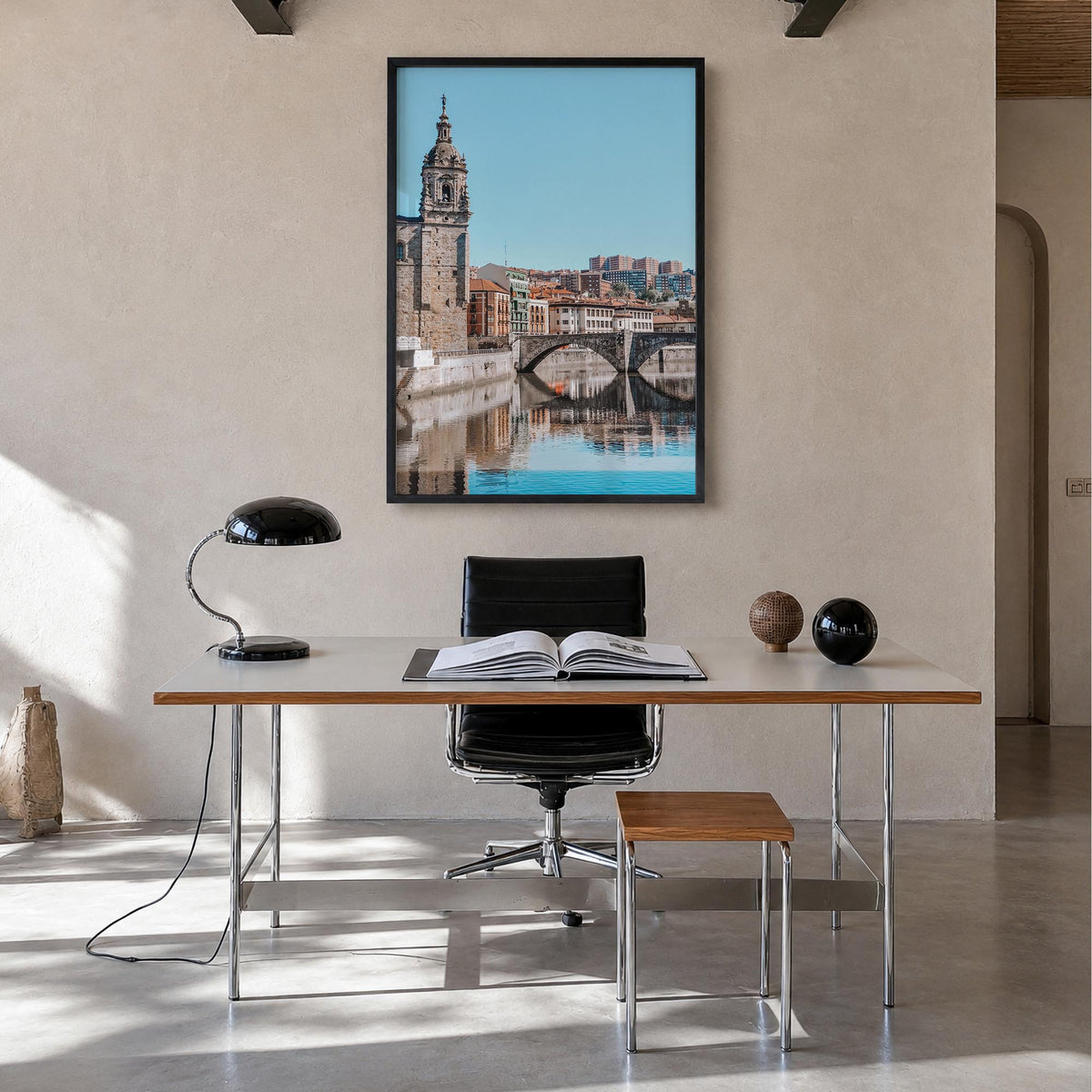 Bilbao colorful photo poster of Spain – vertical wall art in black wood frame, hanging on wall