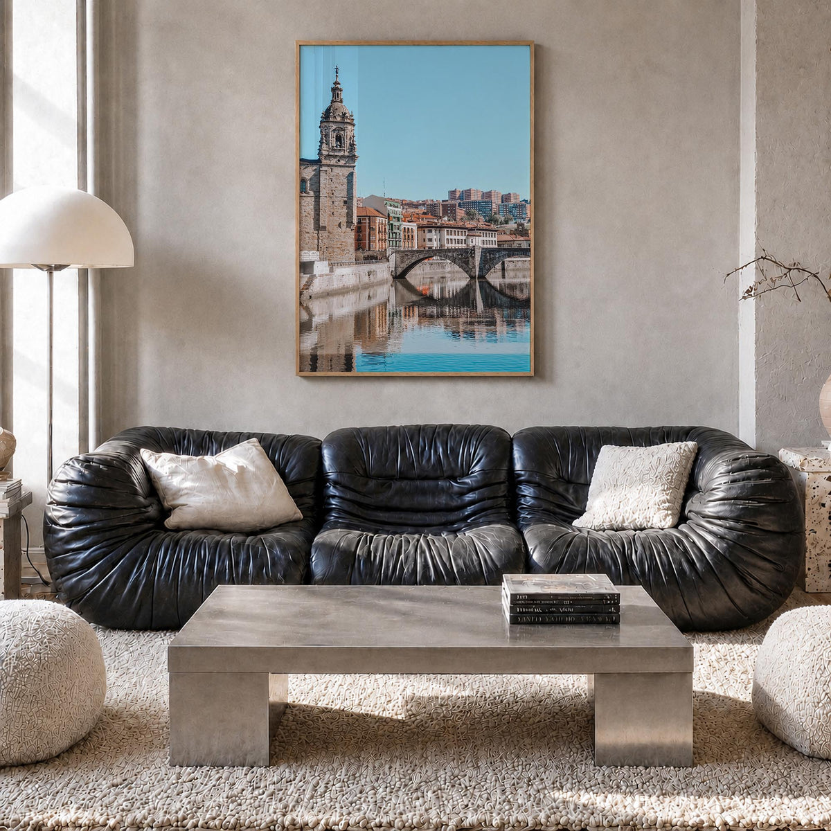 Bilbao colorful photo poster of Spain – vertical wall art in natural wood frame, hanging on wall