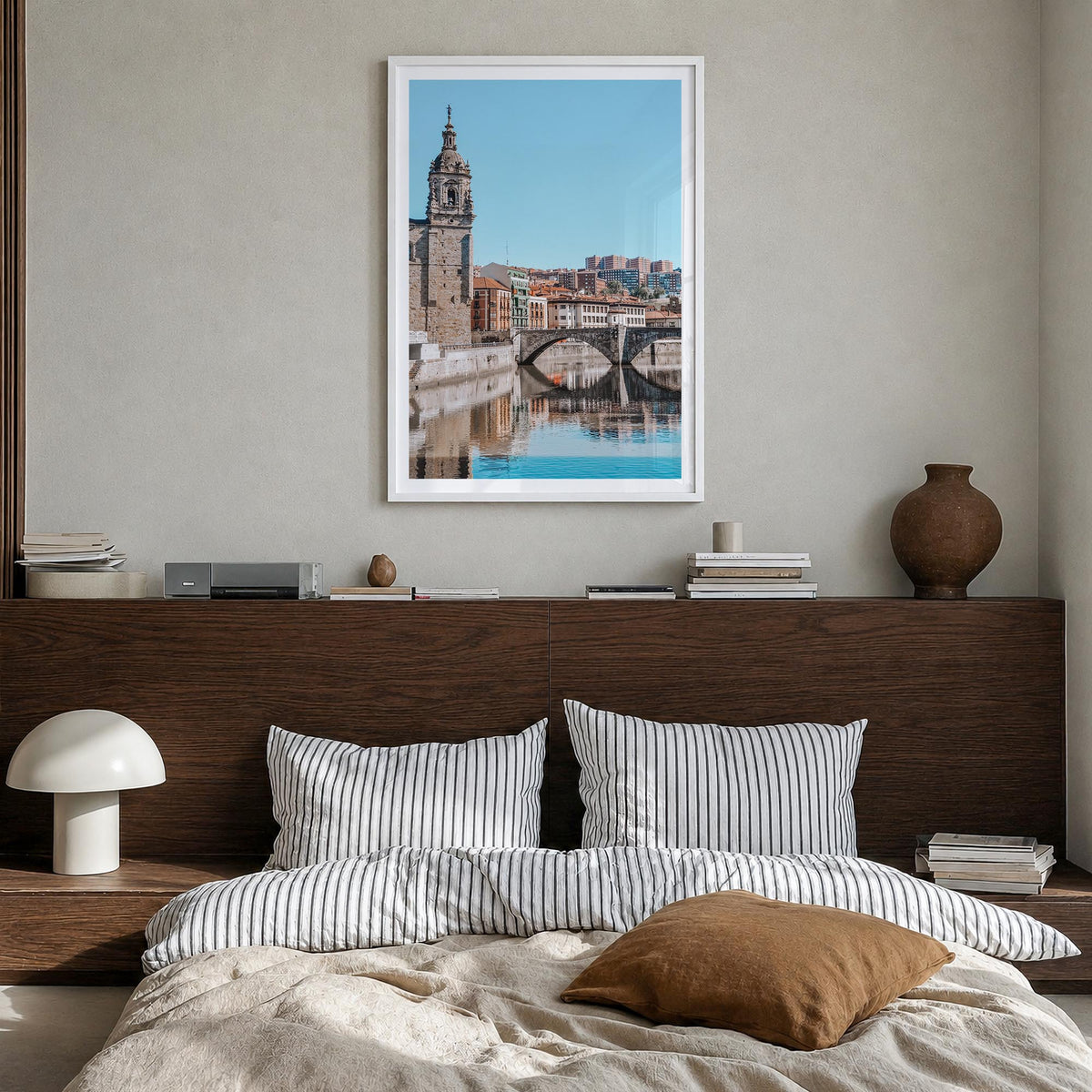 Bilbao colorful photo poster of Spain – vertical wall art in white wood frame with white border, hanging on wall
