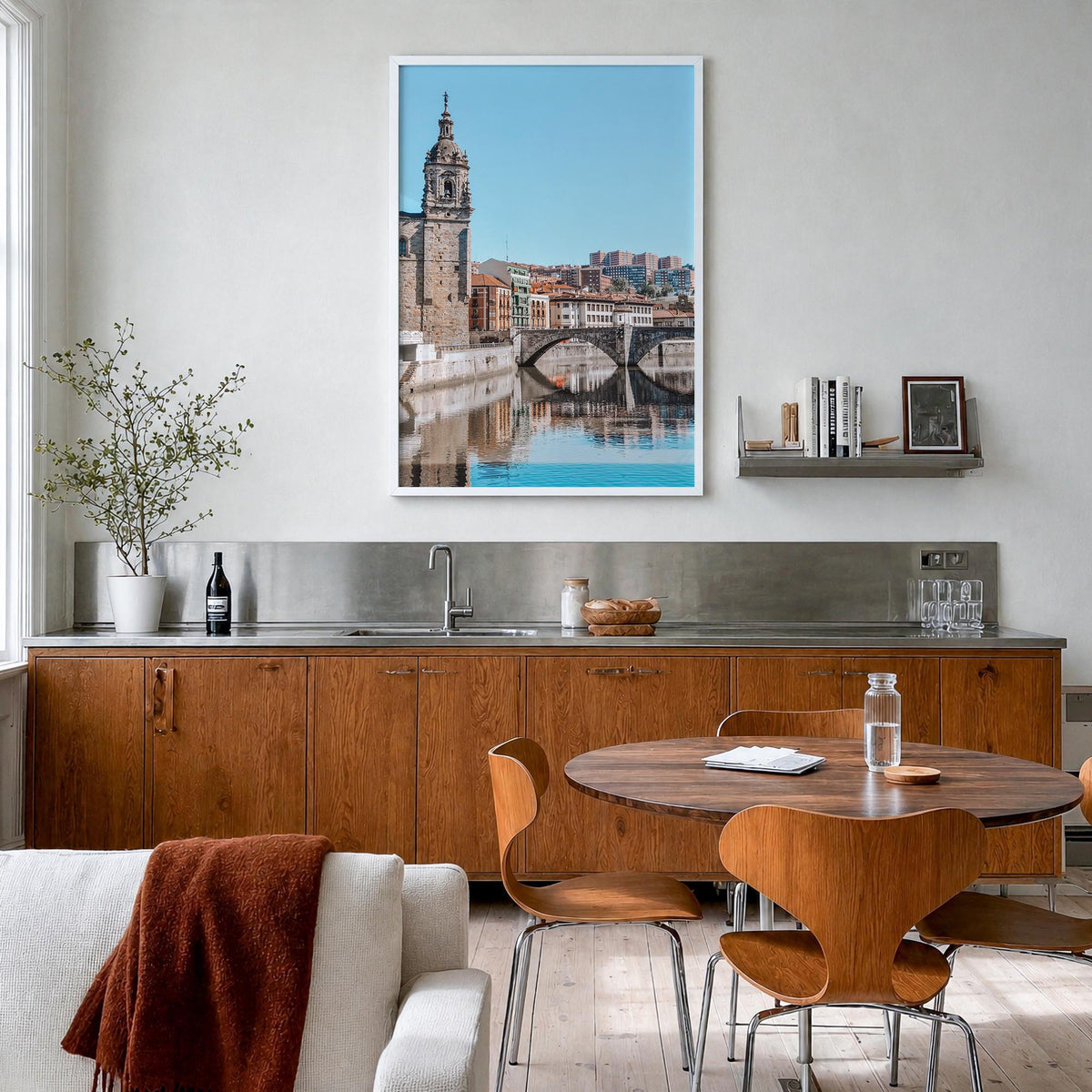 Bilbao colorful photo poster of Spain – vertical wall art in white wood frame, hanging on wall