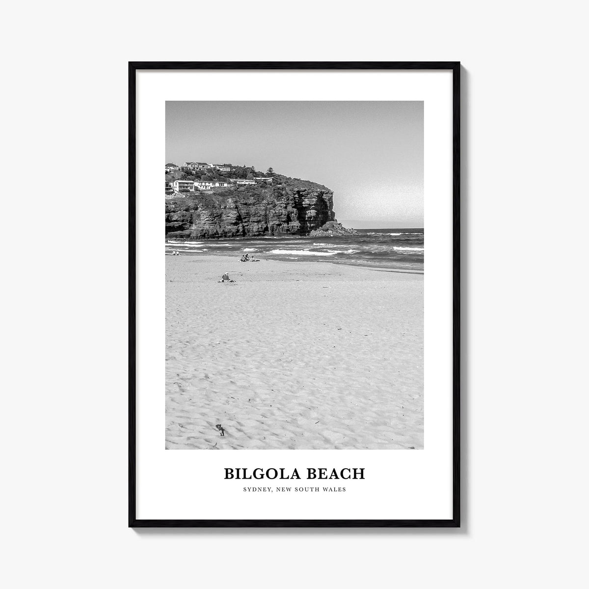 Bilgola Beach black & white classic poster of Australia – vertical wall art, unframed print shown in interior mockup
