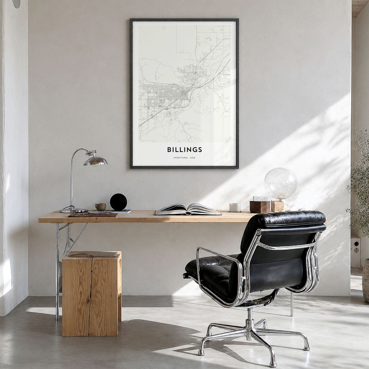 Billings Map Poster in a black wood frame, hanging in a bright home office