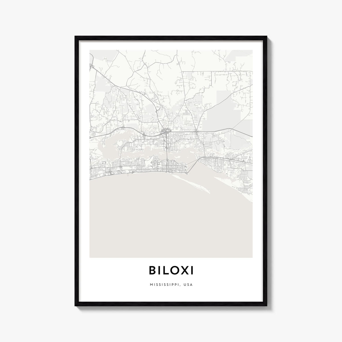 Biloxi black & white map poster of Mississippi, USA – vertical wall art, unframed print shown in interior mockup