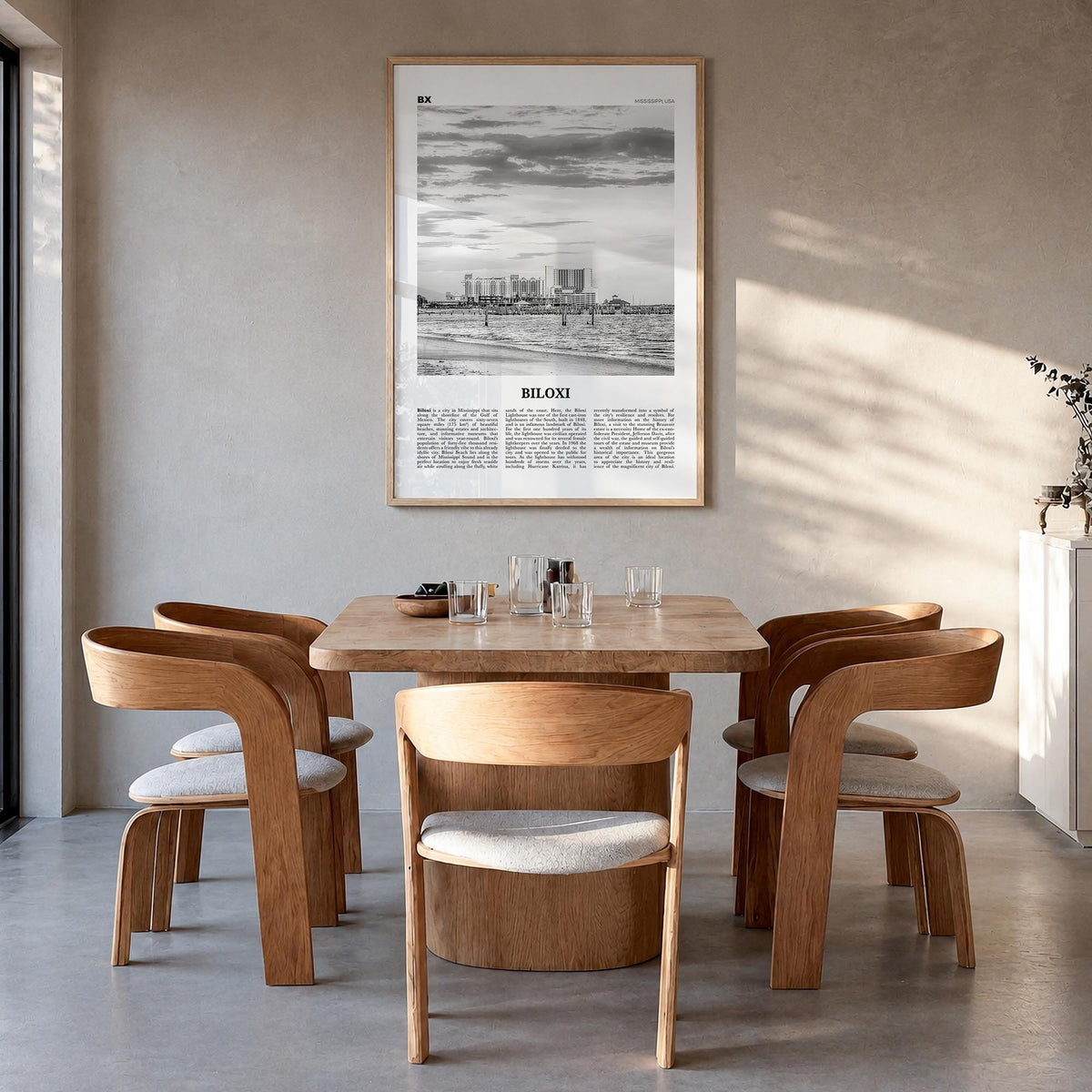 Biloxi black & white newspaper poster of Mississippi, USA – vertical wall art in natural wood frame, hanging on wall