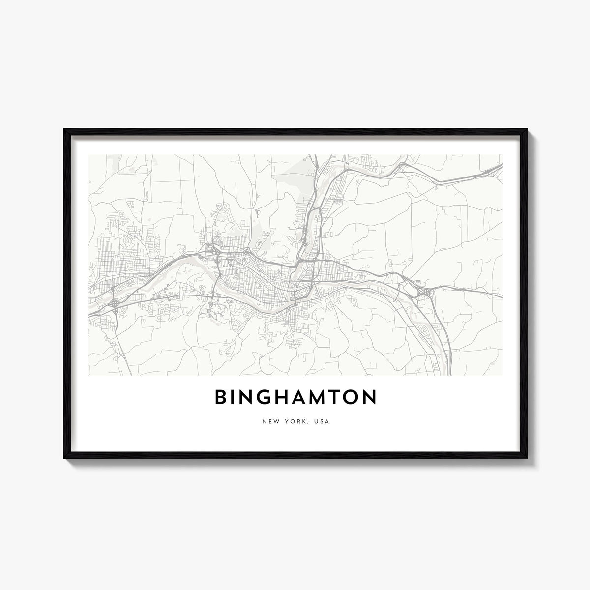 Binghamton black & white map poster of New York, USA – horizontal wall art, unframed print shown in interior mockup