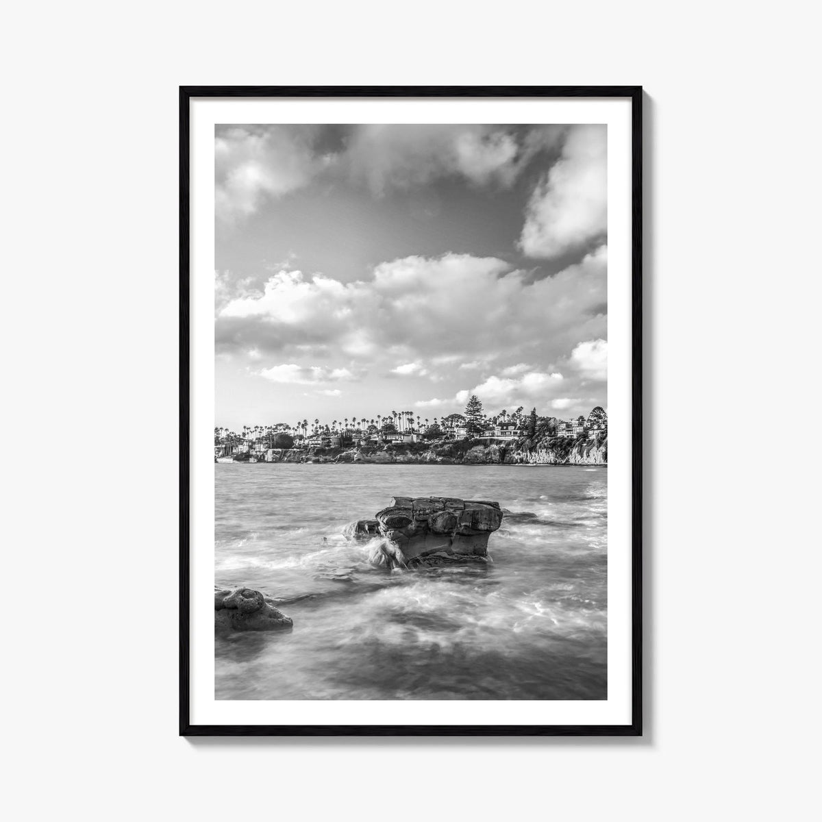 Bird Rock black & white photo poster of San Diego, California – vertical wall art, unframed print shown in interior mockup