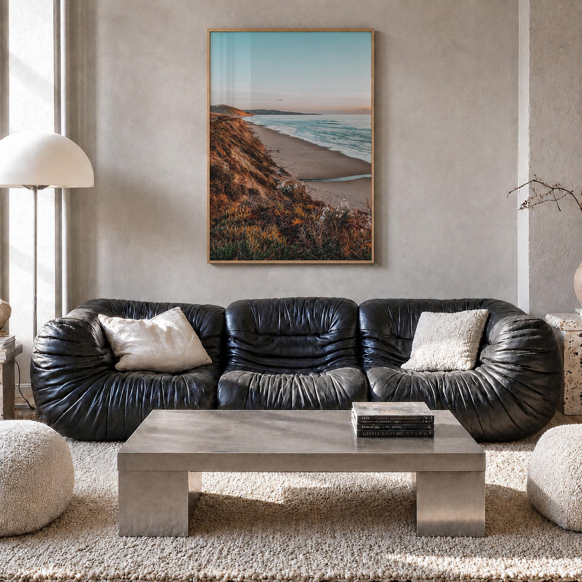 Bird Rock colorful photo poster of San Diego, California – vertical wall art in natural wood frame, hanging on wall