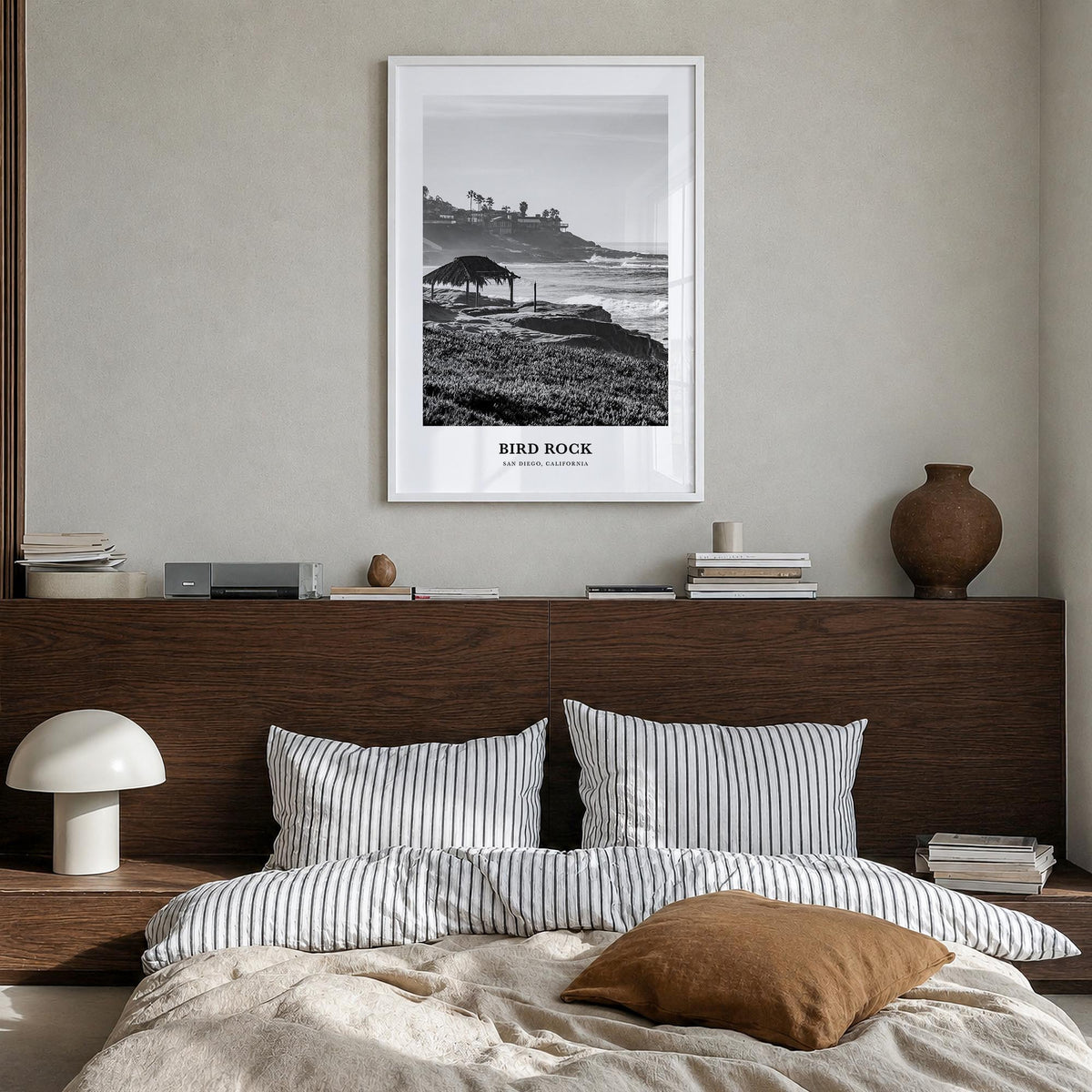 Bird Rock no. 2 black & white classic poster of San Diego, California – vertical wall art in white wood frame, hanging on wal