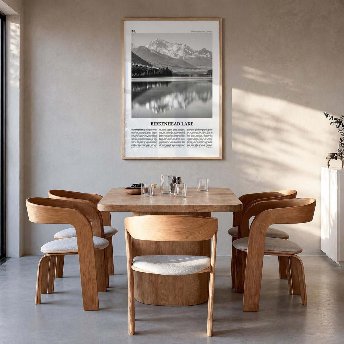 Birkenhead Lake black & white newspaper poster of Canada – vertical wall art in natural wood frame, hanging on wall
