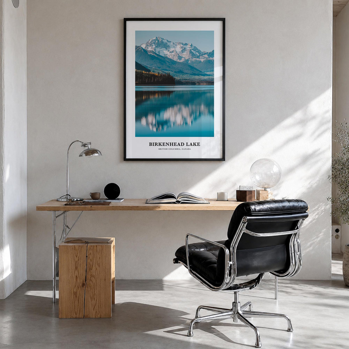 Birkenhead Lake colorful classic poster of Canada – vertical wall art in black wood frame, hanging on wall