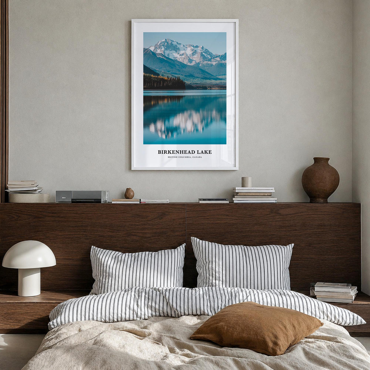 Birkenhead Lake colorful classic poster of Canada – vertical wall art in white wood frame, hanging on wall