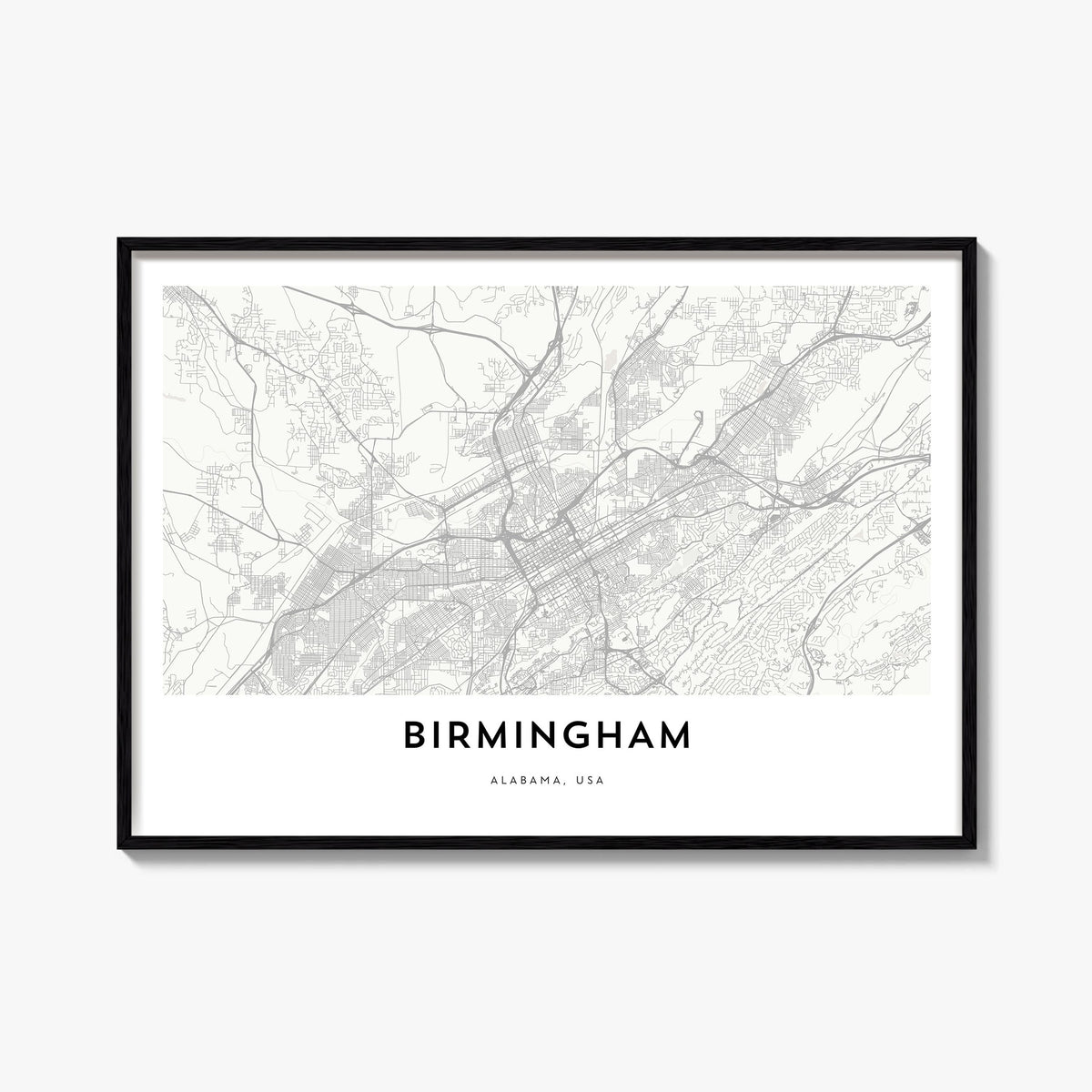 Birmingham, Alabama black & white map poster of Alabama, USA – horizontal wall art, unframed print shown in interior mockup
