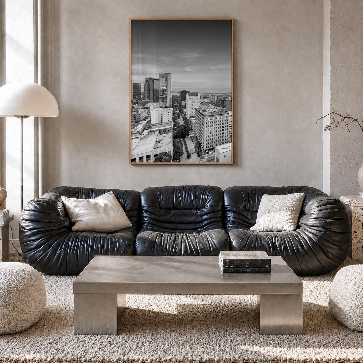 Birmingham, Alabama black & white photo poster of Alabama, USA – vertical wall art in natural wood frame, hanging on wall