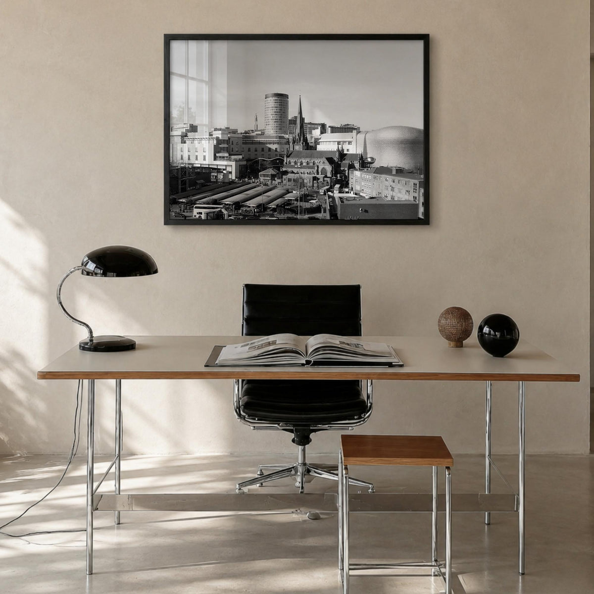 Birmingham, England black & white photo poster of United Kingdom – horizontal wall art in black wood frame, hanging on wall
