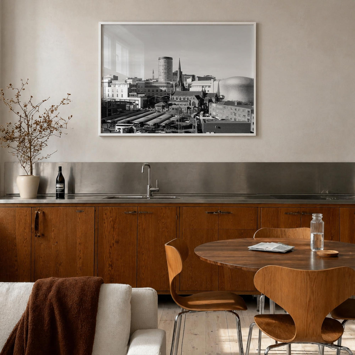 Birmingham, England black & white photo poster of United Kingdom – horizontal wall art in white wood frame, hanging on wall