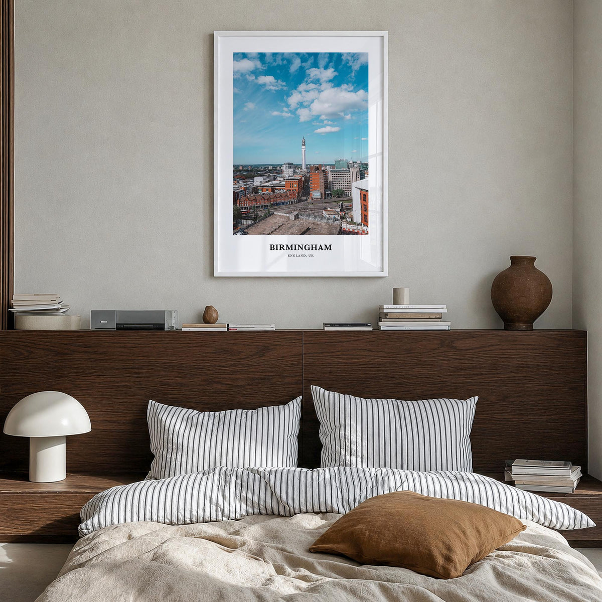 Birmingham, England colorful classic poster of United Kingdom – vertical wall art in white wood frame, hanging on wall