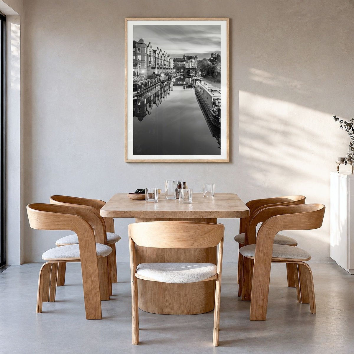 Birmingham, England Photo Poster in a natural wood frame, hanging in a dining room, white border