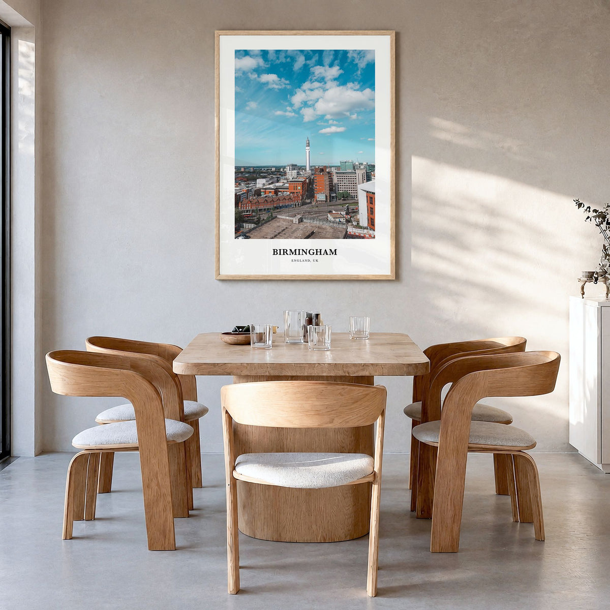 Birmingham, England Classic Poster in a natural wood frame, hanging in a dining room