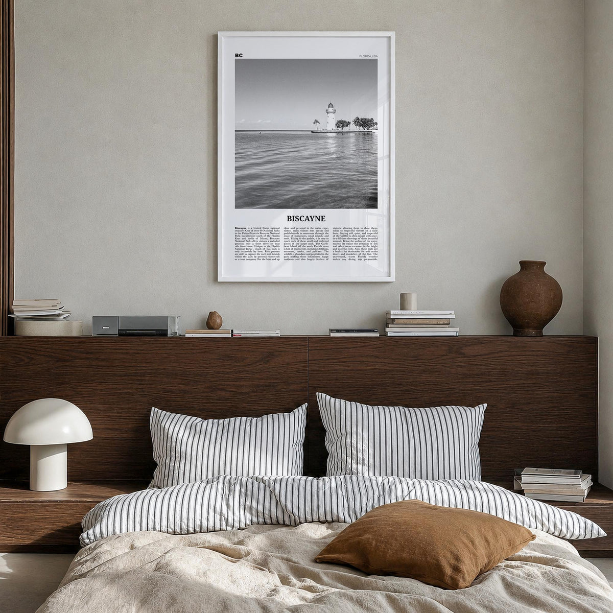 Biscayne National Park black & white newspaper poster of Florida, USA – vertical wall art in white wood frame, hanging on wal