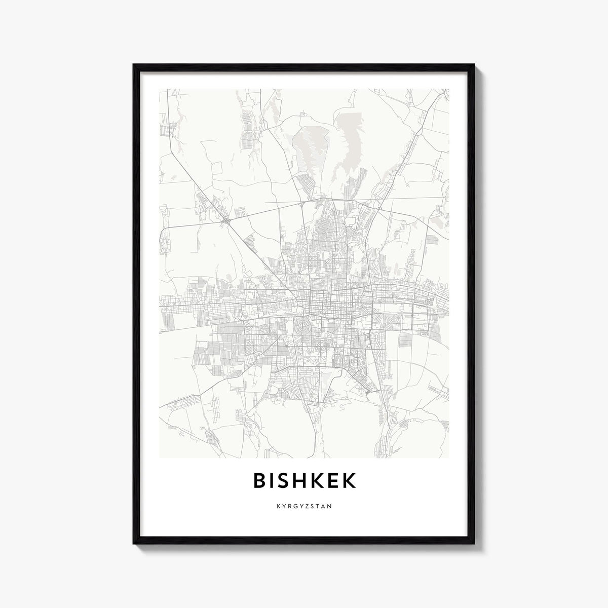 Bishkek black & white map poster of Kyrgyzstan – vertical wall art, unframed print shown in interior mockup