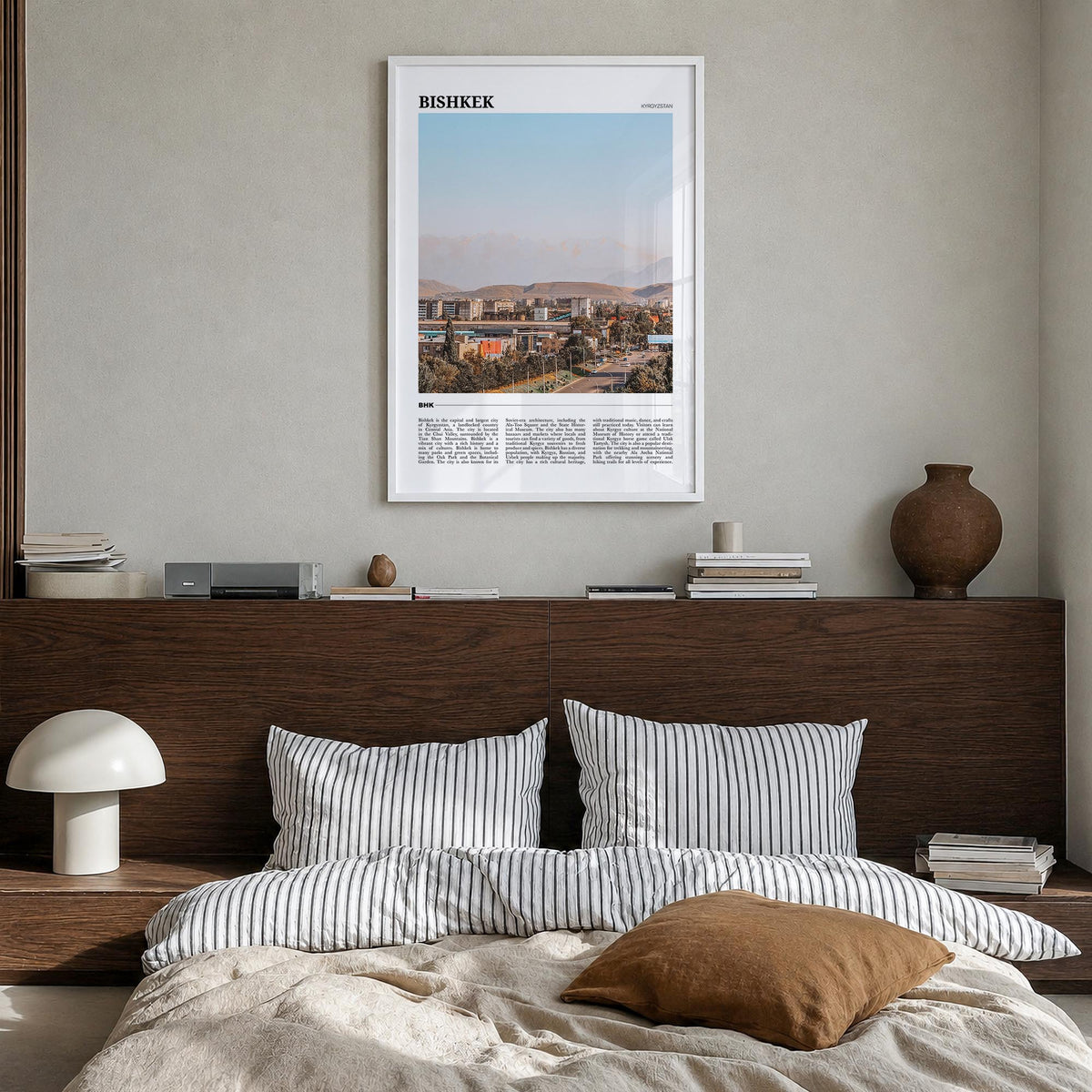 Bishkek colorful travel poster of Kyrgyzstan – vertical wall art in white wood frame, hanging on wall