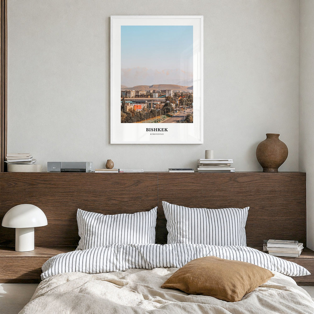 Bishkek Classic Poster in a white wood frame, hanging in a bedroom