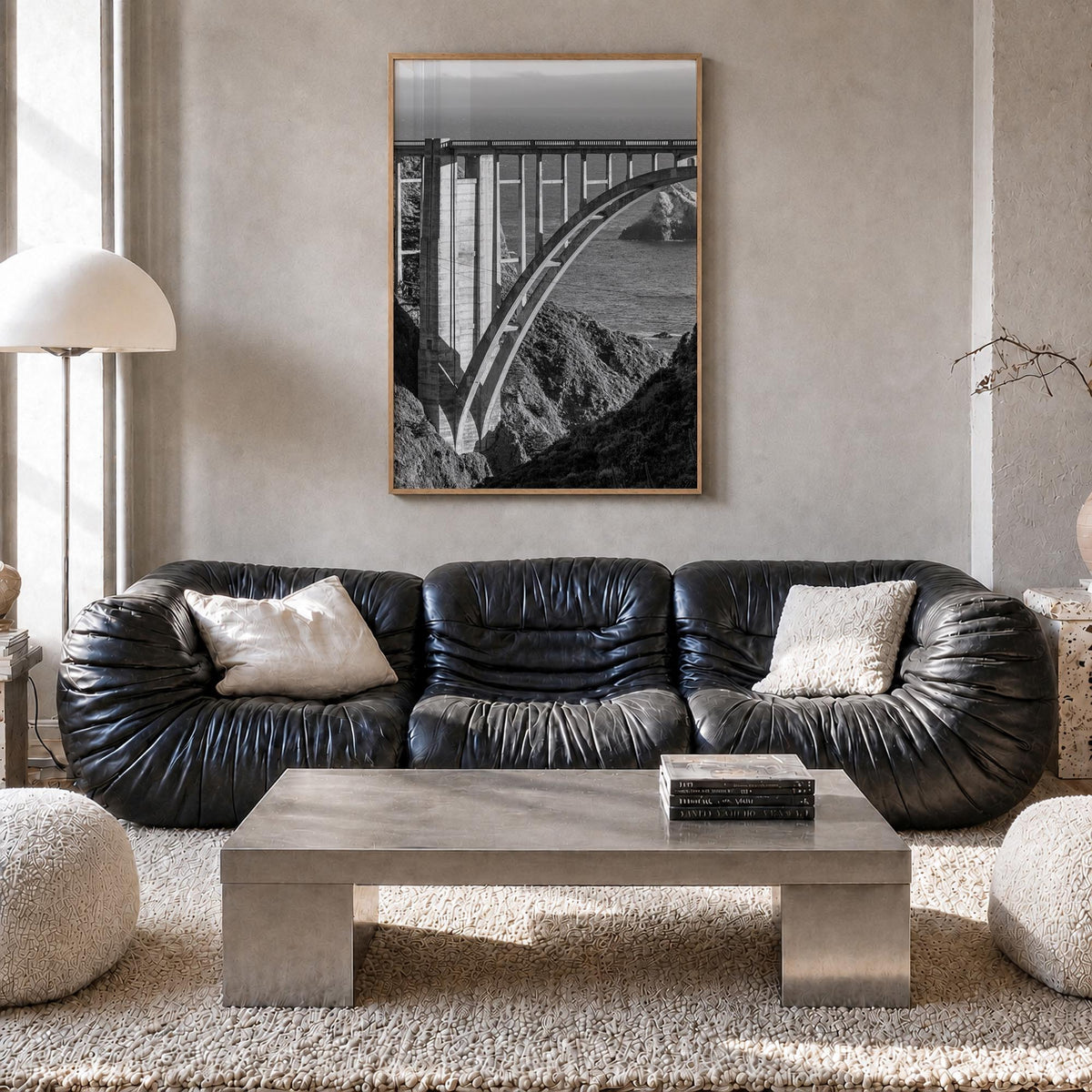 Bixby Creek Bridge black & white photo poster of California, USA – vertical wall art in natural wood frame, hanging on wall