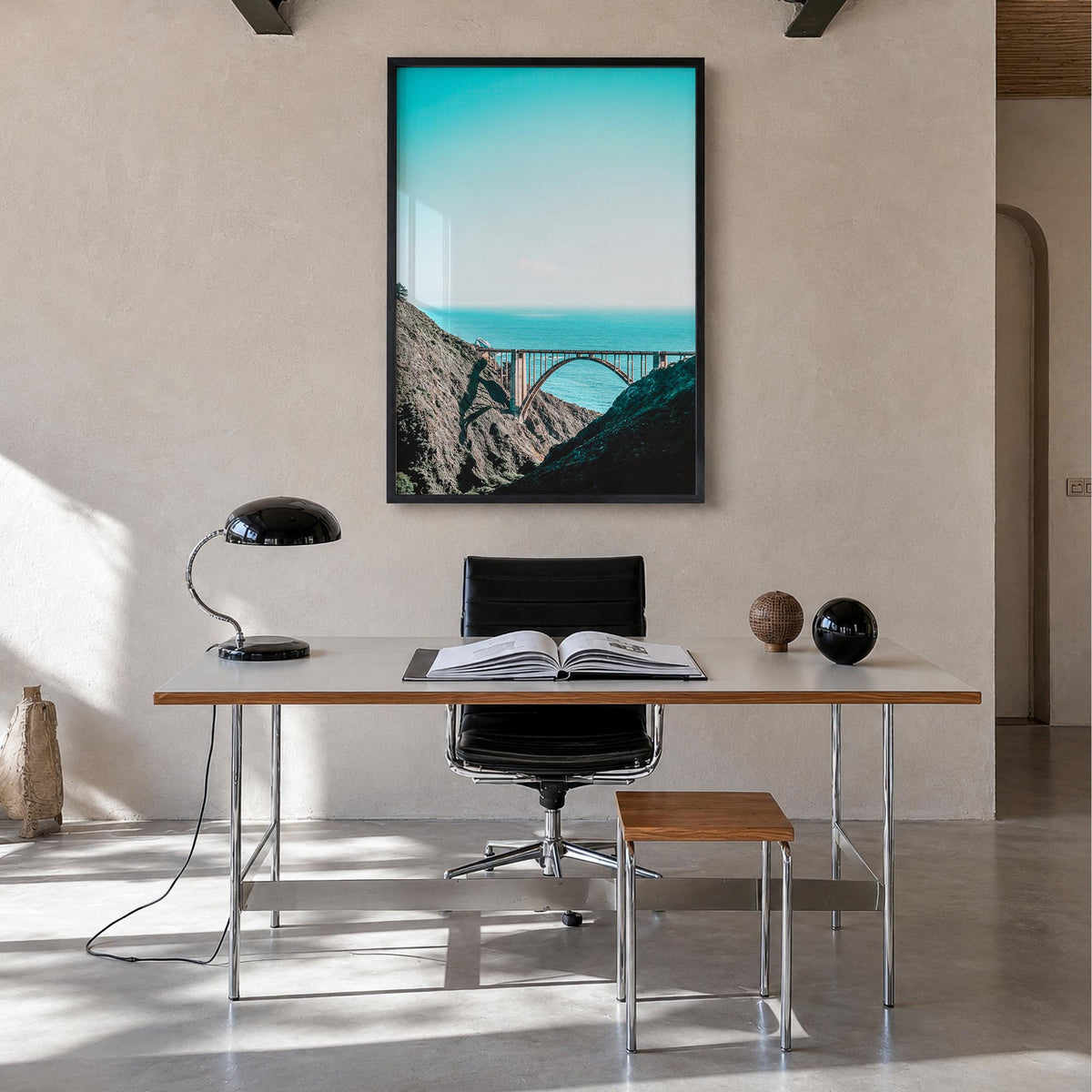 Bixby Creek Bridge no. 1 colorful photo poster of California, USA – vertical wall art in black wood frame, hanging on wall