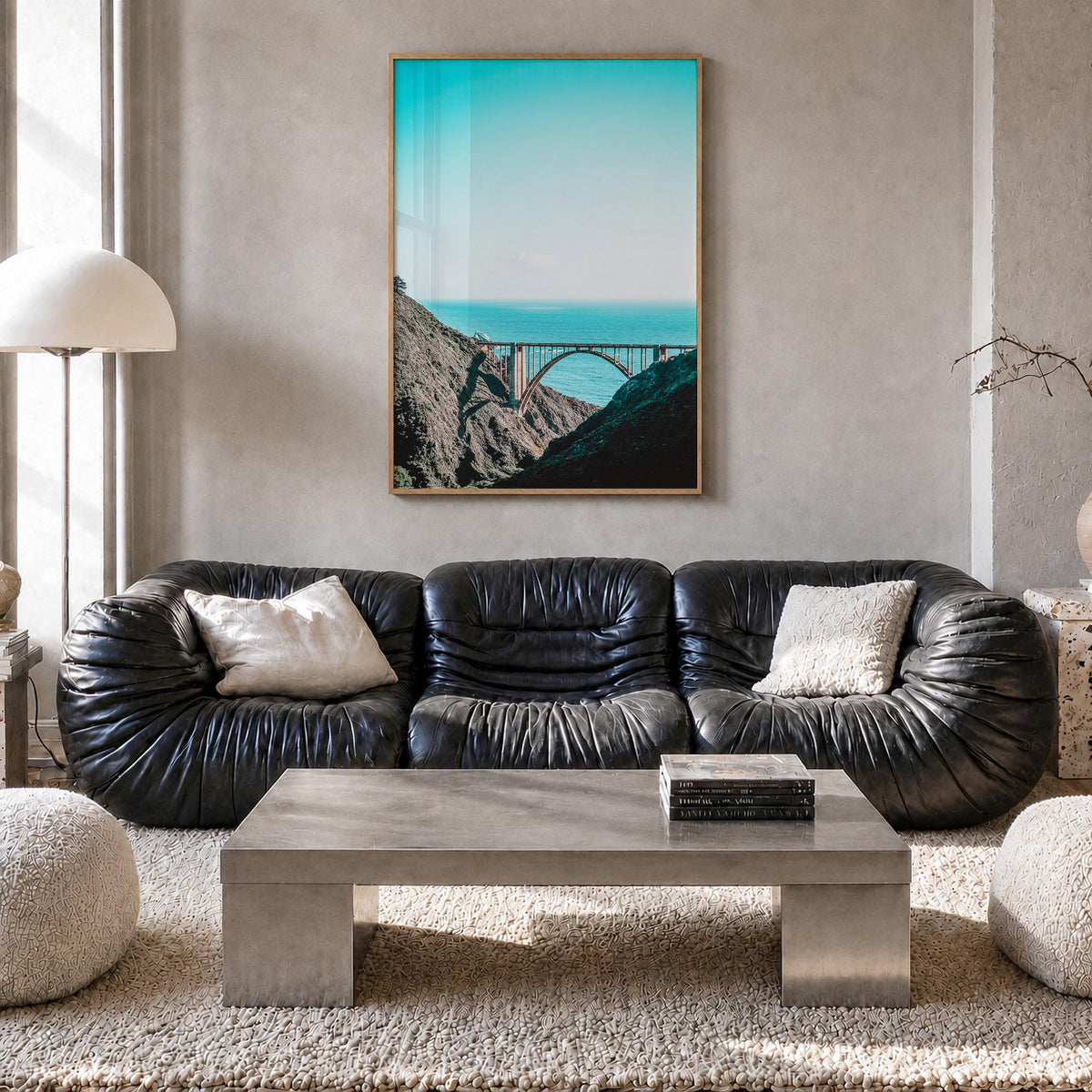 Bixby Creek Bridge no. 1 colorful photo poster of California, USA – vertical wall art in natural wood frame, hanging on wall