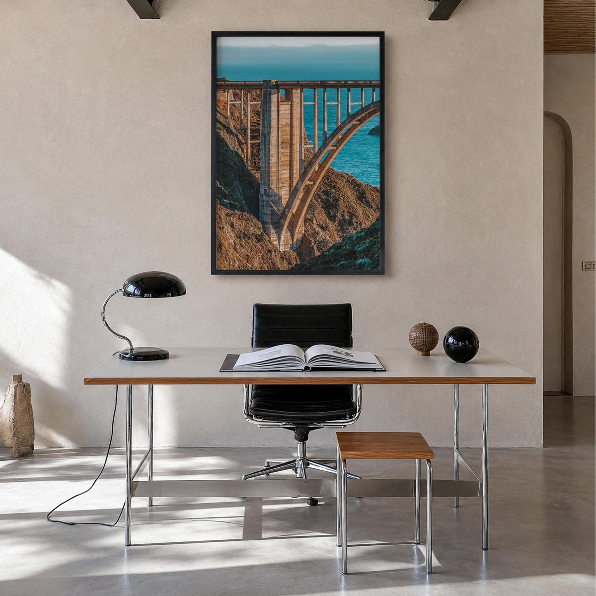 Bixby Creek Bridge no. 2 colorful photo poster of California, USA – vertical wall art in black wood frame, hanging on wall