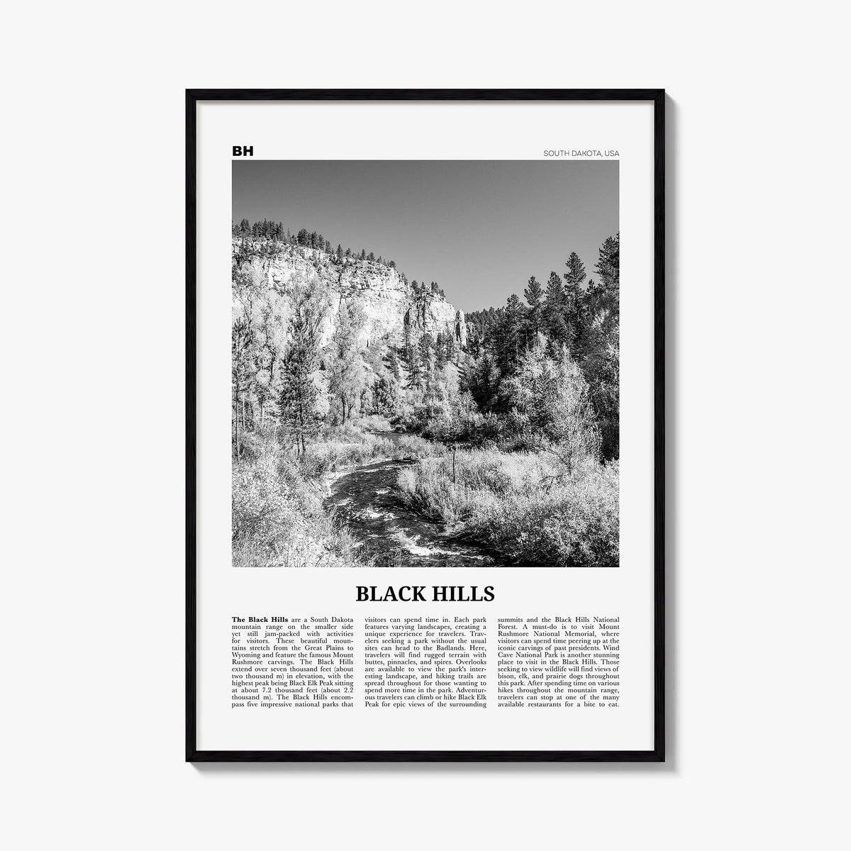 Black Hills black & white newspaper poster of South Dakota & Wyoming, USA – vertical wall art, unframed print shown in interi