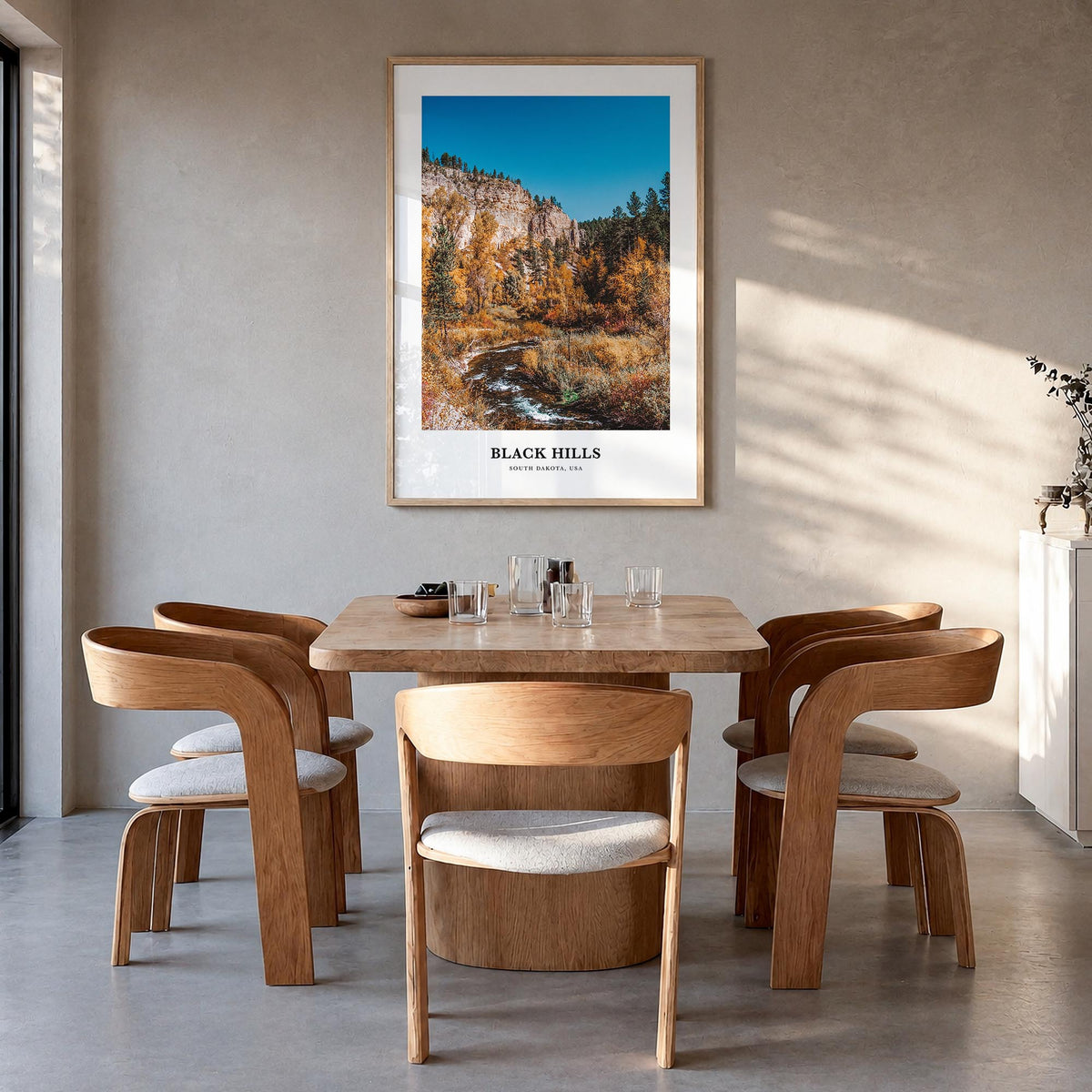 Black Hills colorful classic poster of South Dakota & Wyoming, USA – vertical wall art in natural wood frame, hanging on wall