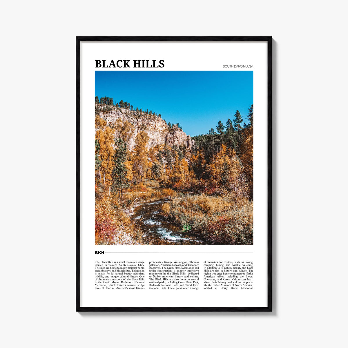 Black Hills colorful travel poster of South Dakota & Wyoming, USA – vertical wall art, unframed print shown in interior mocku