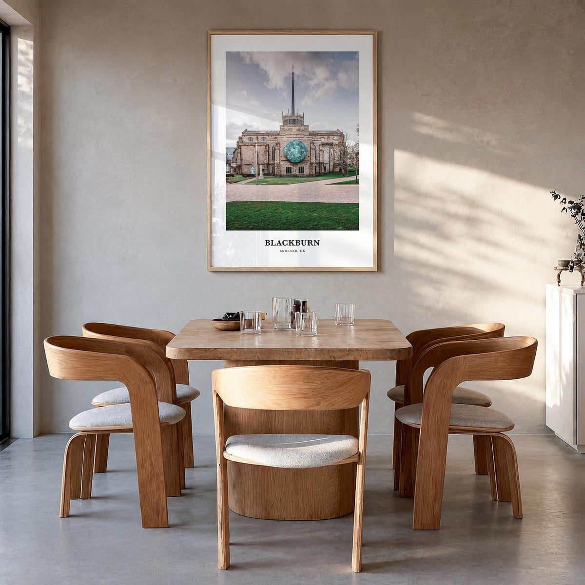 Blackburn colorful classic poster of United Kingdom – vertical wall art in natural wood frame, hanging on wall