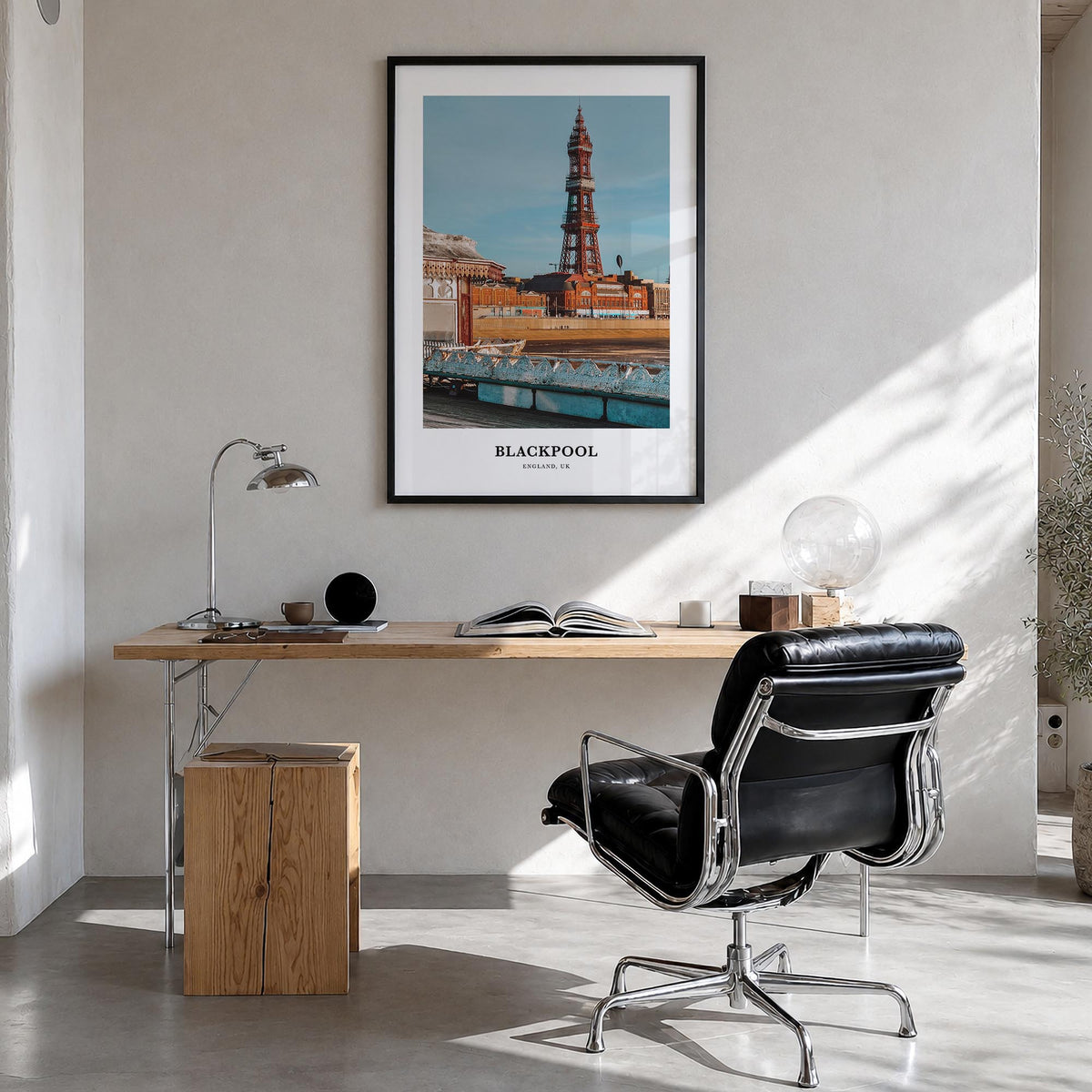 Blackpool colorful classic poster of United Kingdom – vertical wall art in black wood frame, hanging on wall