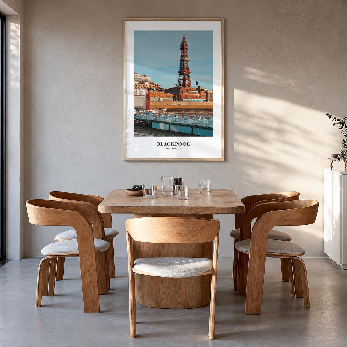 Blackpool colorful classic poster of United Kingdom – vertical wall art in natural wood frame, hanging on wall