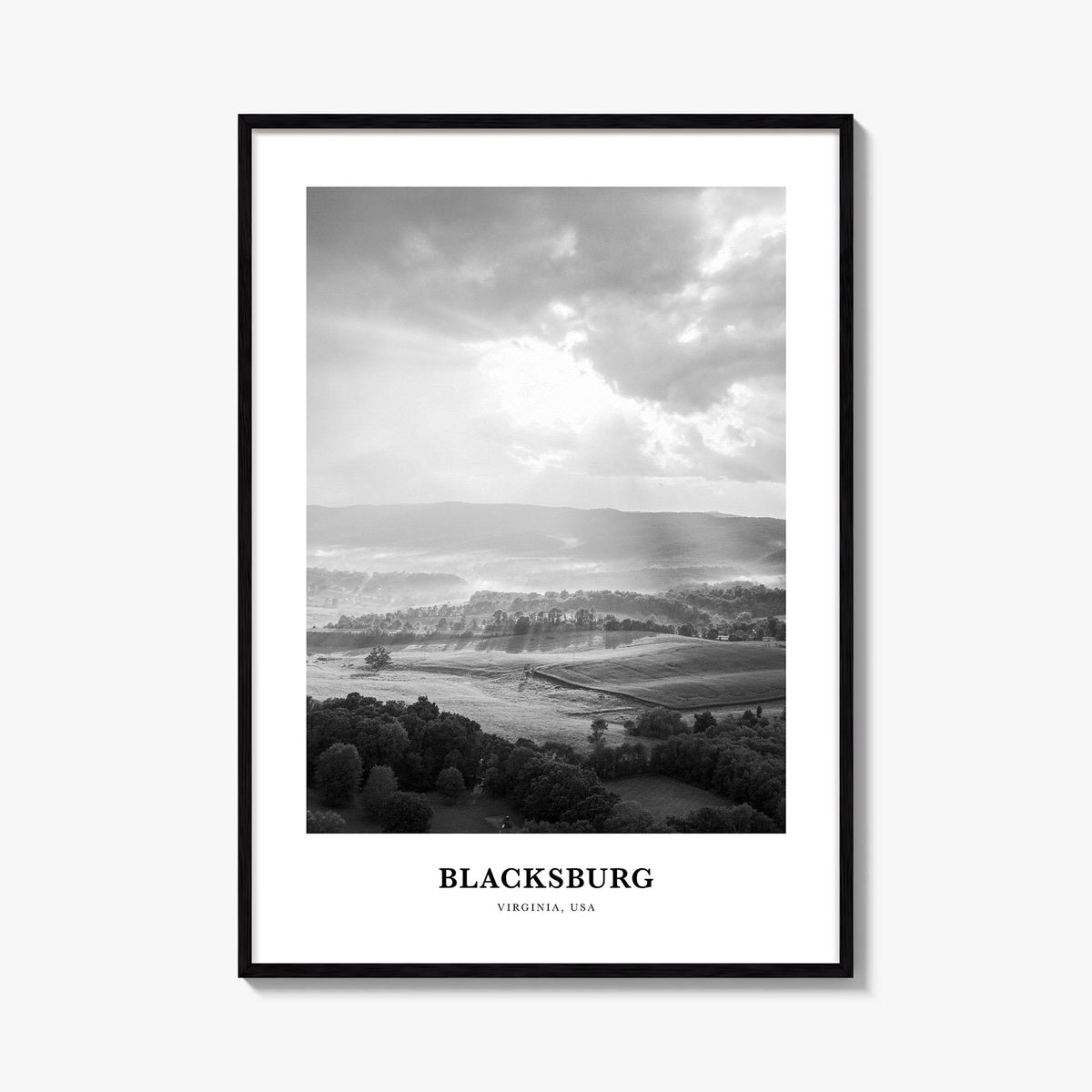 Blacksburg black & white classic poster of Virginia, USA – vertical wall art, unframed print shown in interior mockup