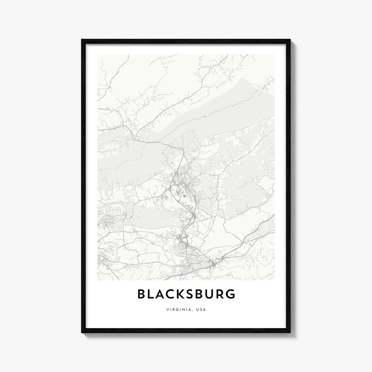 Blacksburg black & white map poster of Virginia, USA – vertical wall art, unframed print shown in interior mockup